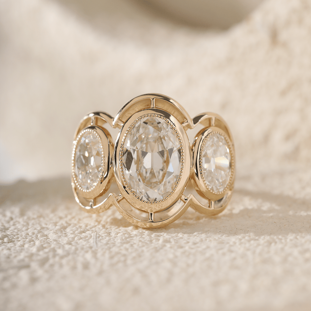 14K Yellow Gold 3ct Oval Old Mine Cut Lab Diamond Victoran - Style Millegrain Bezel Three Stone Ring - FIORESE JEWELRY