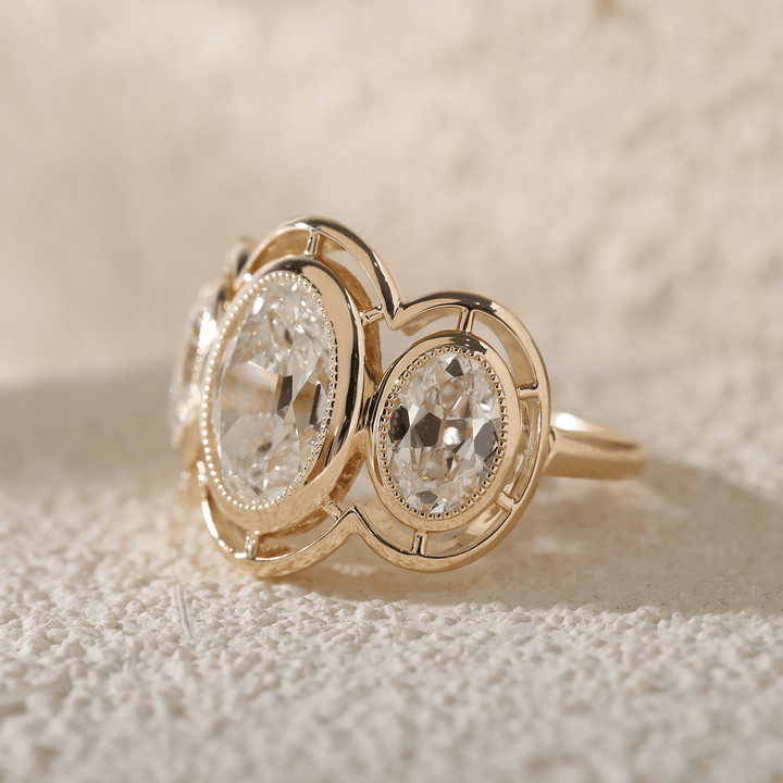 14K Yellow Gold 3ct Oval Old Mine Cut Lab Diamond Victoran - Style Millegrain Bezel Three Stone Ring - FIORESE JEWELRY