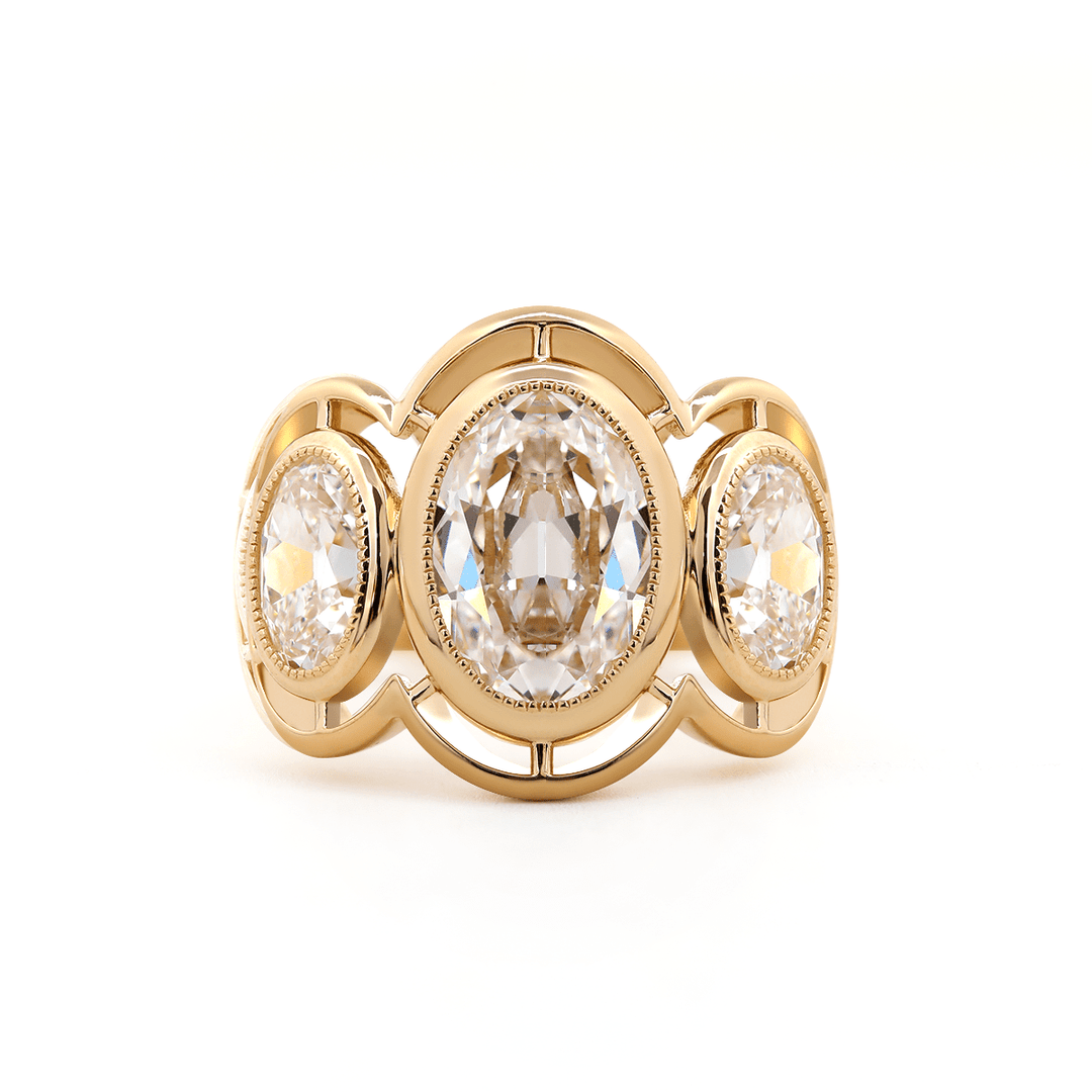14K Yellow Gold 3ct Oval Old Mine Cut Lab Diamond Victoran - Style Millegrain Bezel Three Stone Ring - FIORESE JEWELRY