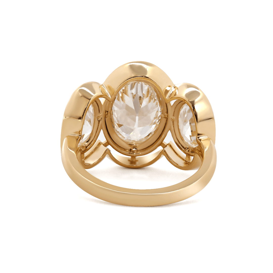 14K Yellow Gold 3ct Oval Old Mine Cut Lab Diamond Victoran - Style Millegrain Bezel Three Stone Ring - FIORESE JEWELRY