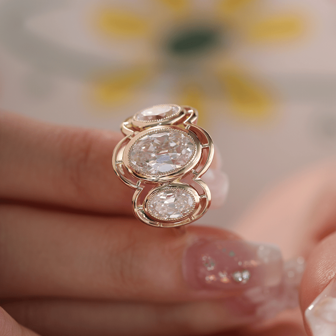 14K Yellow Gold 3ct Oval Old Mine Cut Lab Diamond Victoran - Style Millegrain Bezel Three Stone Ring - FIORESE JEWELRY