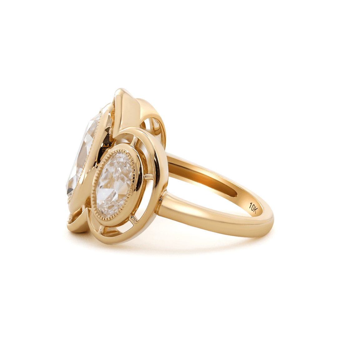 14K Yellow Gold 3ct Oval Old Mine Cut Lab Diamond Victoran - Style Millegrain Bezel Three Stone Ring - FIORESE JEWELRY