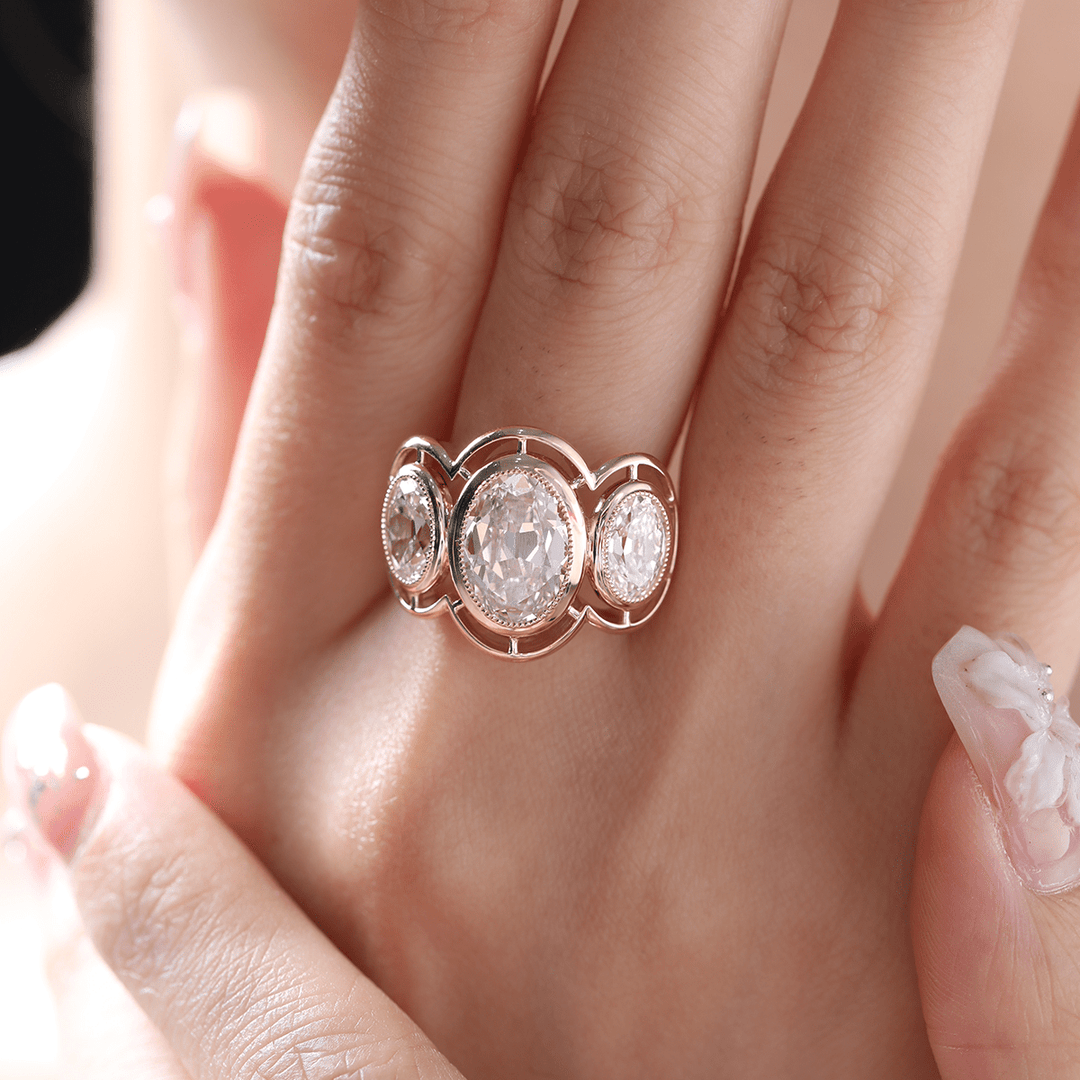 14K Yellow Gold 3ct Oval Old Mine Cut Lab Diamond Victoran - Style Millegrain Bezel Three Stone Ring - FIORESE JEWELRY
