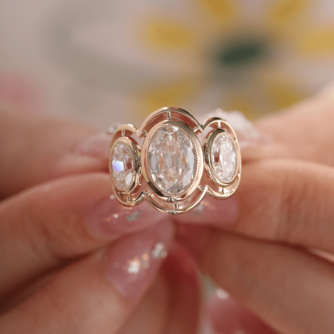 14K Yellow Gold 3ct Oval Old Mine Cut Lab Diamond Victoran - Style Millegrain Bezel Three Stone Ring - FIORESE JEWELRY