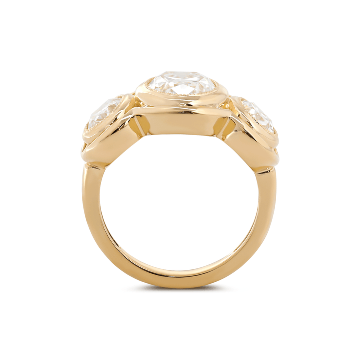 14K Yellow Gold 3ct Oval Old Mine Cut Lab Diamond Victoran - Style Millegrain Bezel Three Stone Ring - FIORESE JEWELRY