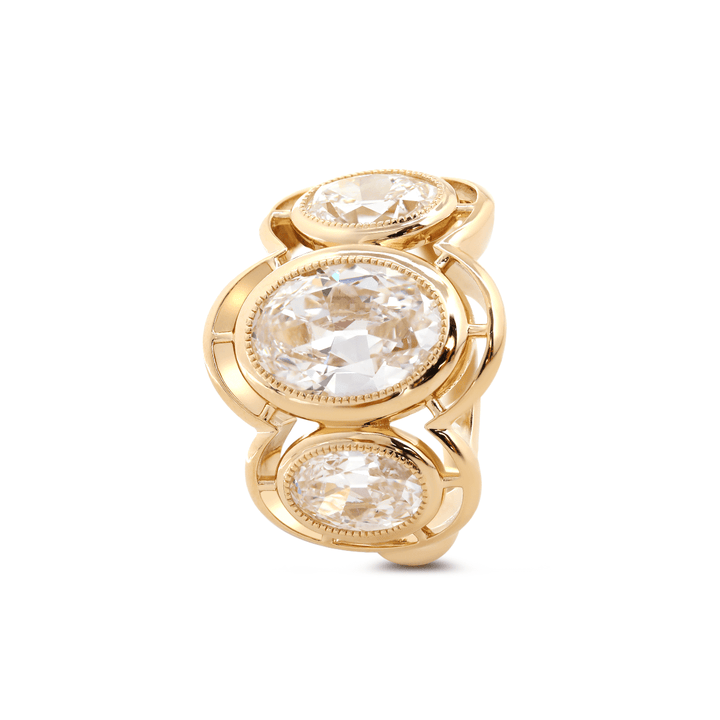 14K Yellow Gold 3ct Oval Old Mine Cut Lab Diamond Victoran - Style Millegrain Bezel Three Stone Ring - FIORESE JEWELRY