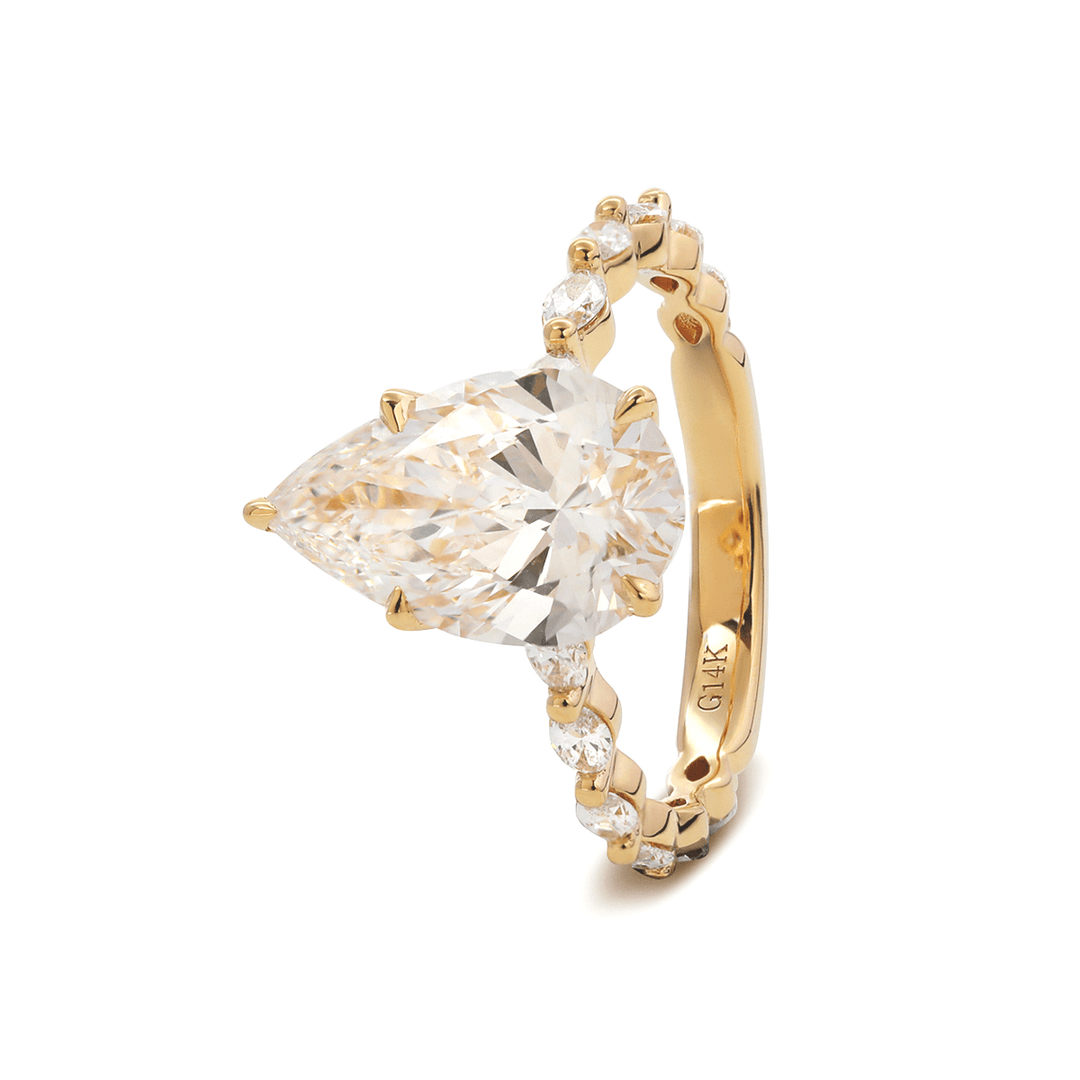 14K Yellow Gold 3ct Pear Cut Lab Diamond 5 Claw Prongs Floral Basket Engagement Ring with Marquise Cut and Round Cut Diamond Side - stones - FIORESE JEWELRY