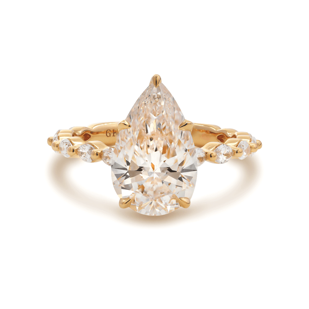 14K Yellow Gold 3ct Pear Cut Lab Diamond 5 Claw Prongs Floral Basket Engagement Ring with Marquise Cut and Round Cut Diamond Side - stones - FIORESE JEWELRY