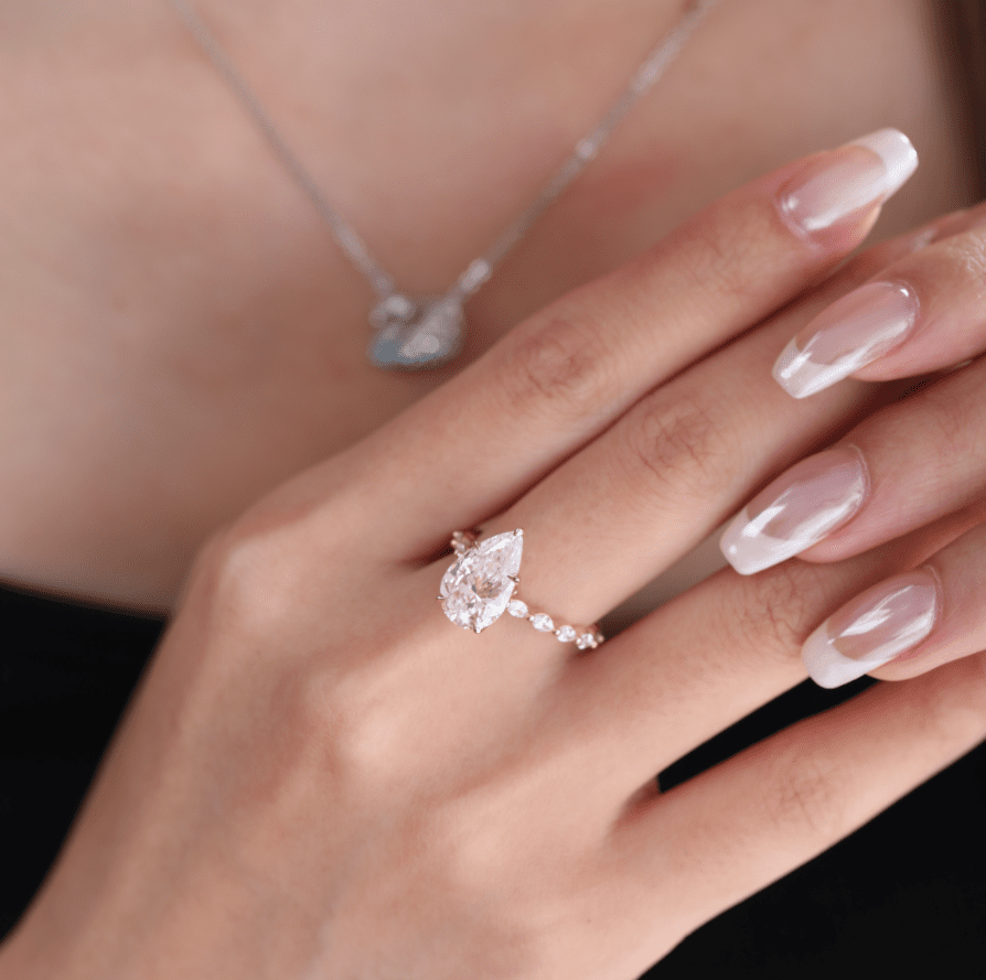 14K Yellow Gold 3ct Pear Cut Lab Diamond 5 Claw Prongs Floral Basket Engagement Ring with Marquise Cut and Round Cut Diamond Side - stones - FIORESE JEWELRY