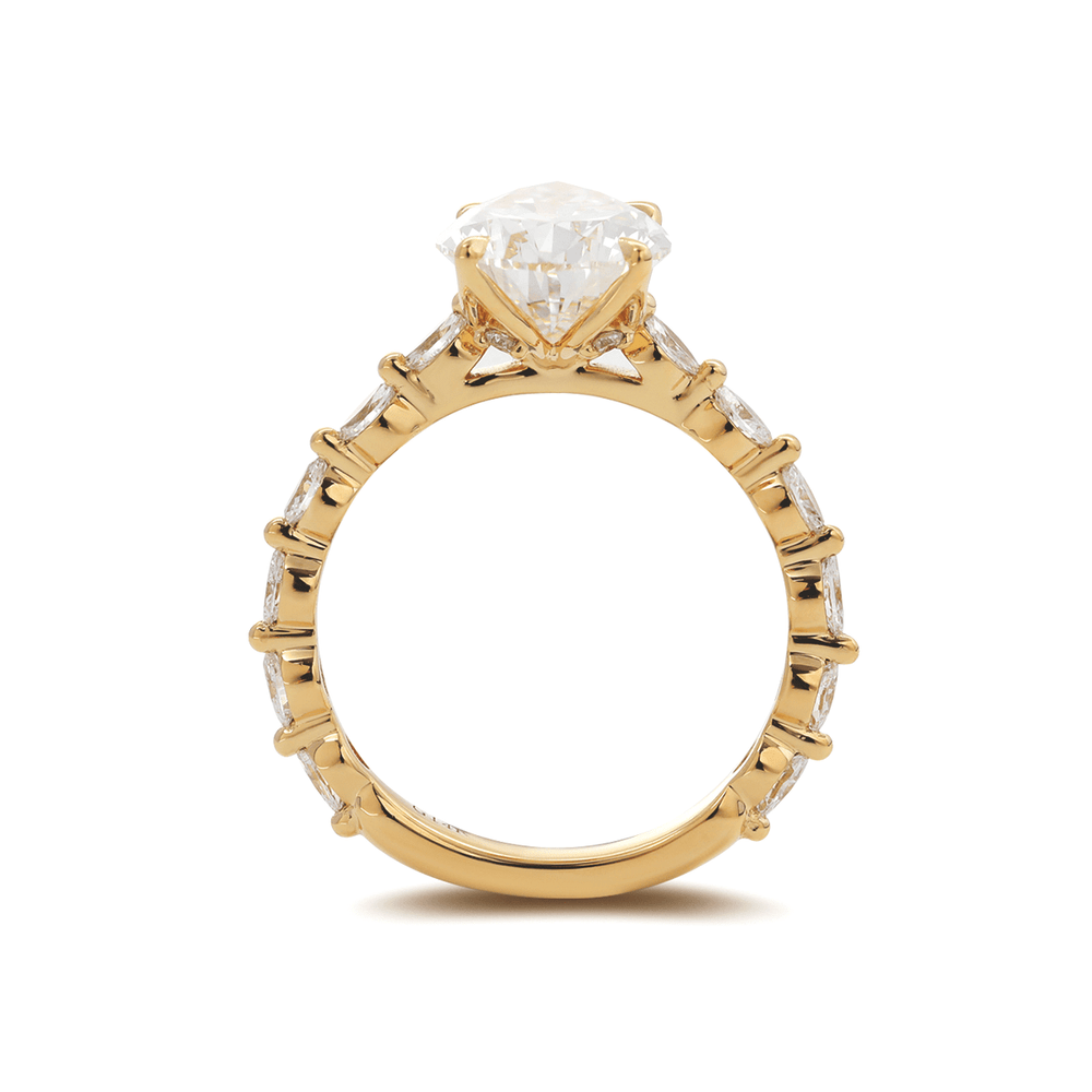 14K Yellow Gold 3ct Pear Cut Lab Diamond 5 Claw Prongs Floral Basket Engagement Ring with Marquise Cut and Round Cut Diamond Side - stones - FIORESE JEWELRY