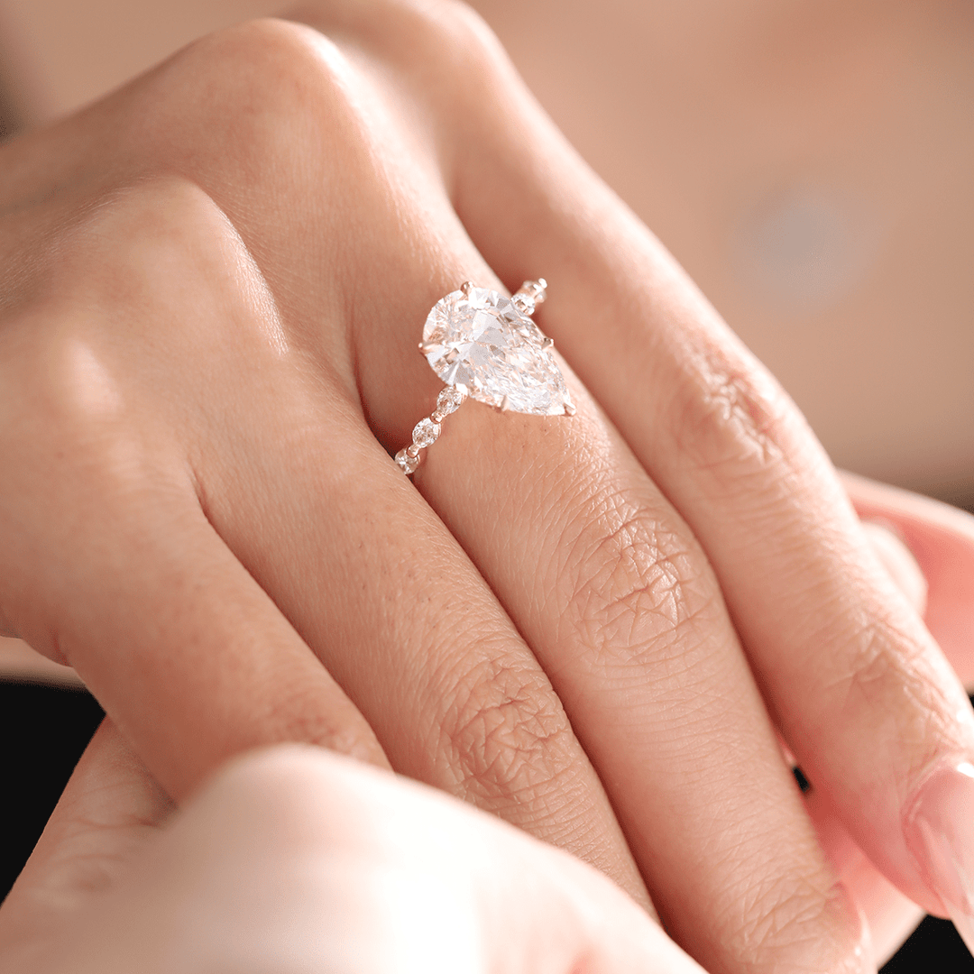 14K Yellow Gold 3ct Pear Cut Lab Diamond 5 Claw Prongs Floral Basket Engagement Ring with Marquise Cut and Round Cut Diamond Side - stones - FIORESE JEWELRY