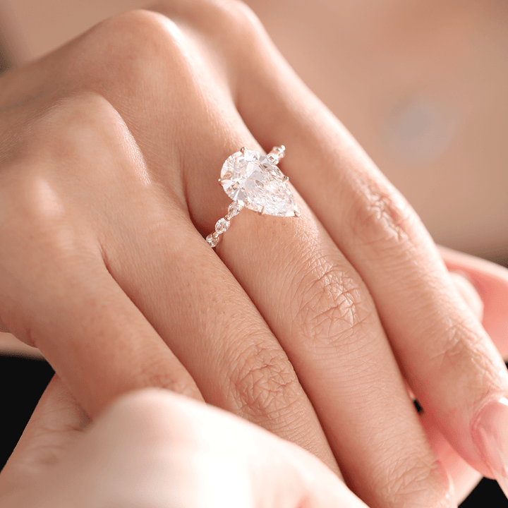 14K Yellow Gold 3ct Pear Cut Lab Diamond 5 Claw Prongs Floral Basket Engagement Ring with Marquise Cut and Round Cut Diamond Side - stones - FIORESE JEWELRY