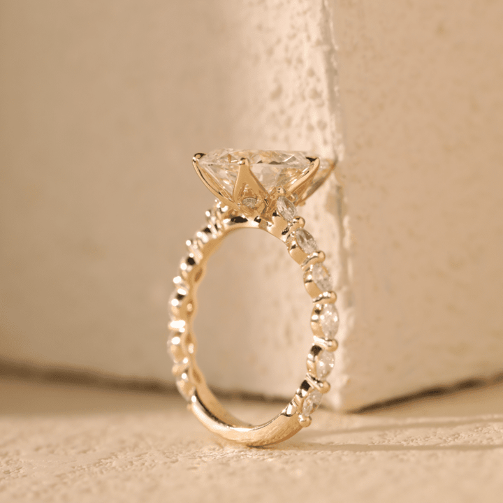 14K Yellow Gold 3ct Pear Cut Lab Diamond 5 Claw Prongs Floral Basket Engagement Ring with Marquise Cut and Round Cut Diamond Side - stones - FIORESE JEWELRY