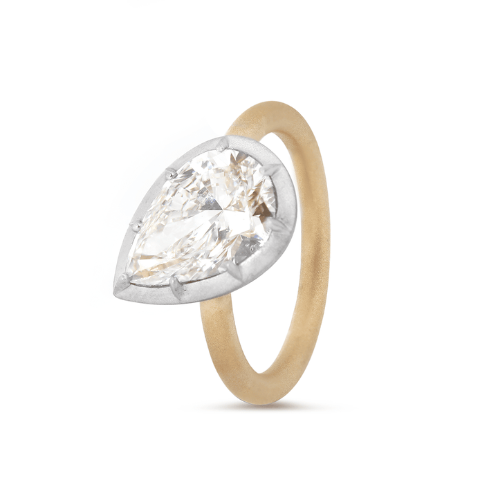 14K Yellow Gold 3ct Pear Shaped Lab Diamond Matte Ring with White Gold Bezel - FIORESE JEWELRY