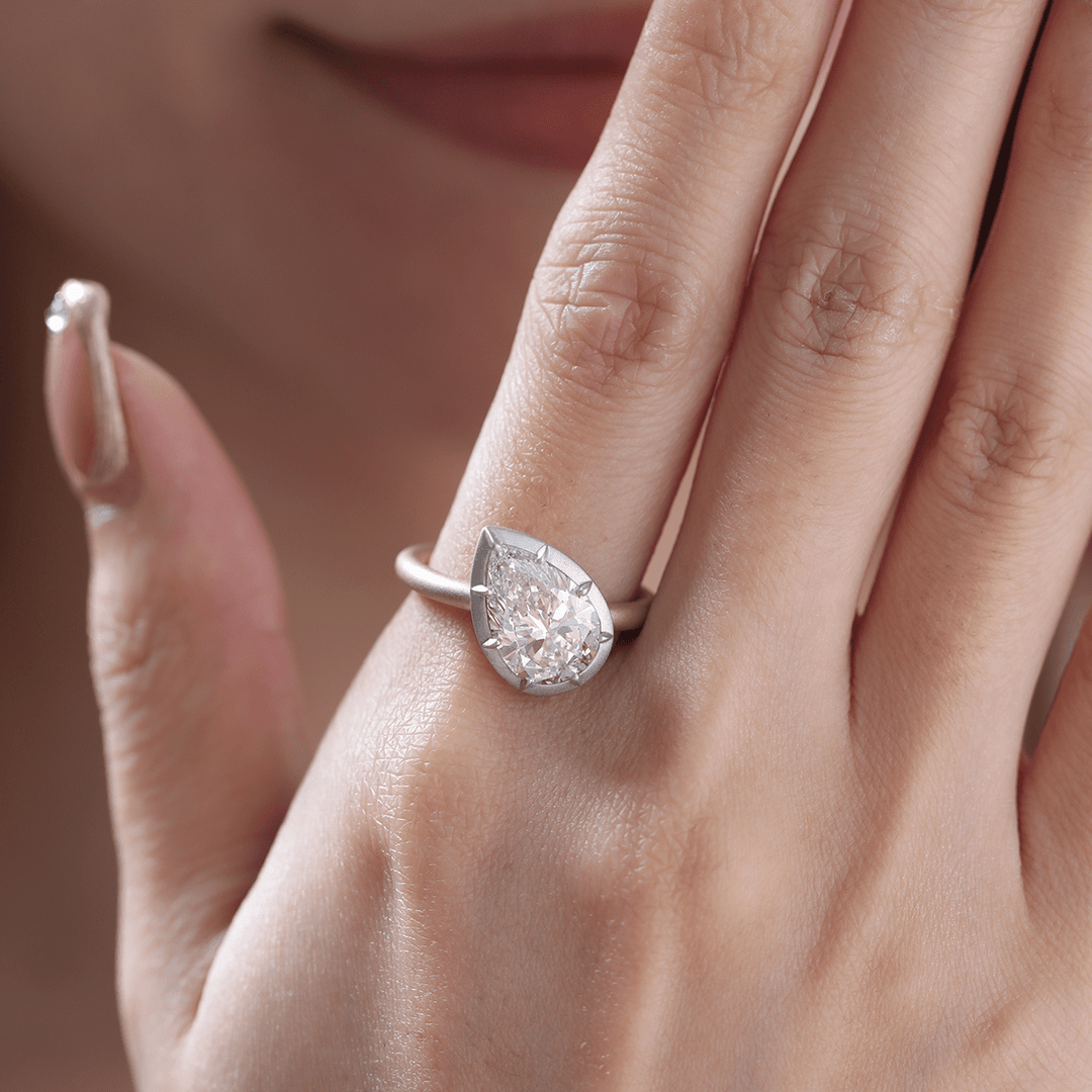 14K Yellow Gold 3ct Pear Shaped Lab Diamond Matte Ring with White Gold Bezel - FIORESE JEWELRY
