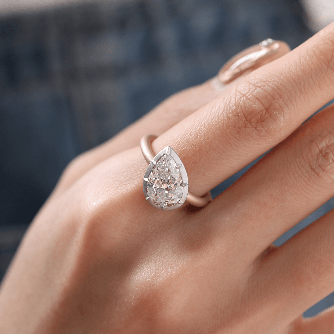 14K Yellow Gold 3ct Pear Shaped Lab Diamond Matte Ring with White Gold Bezel - FIORESE JEWELRY