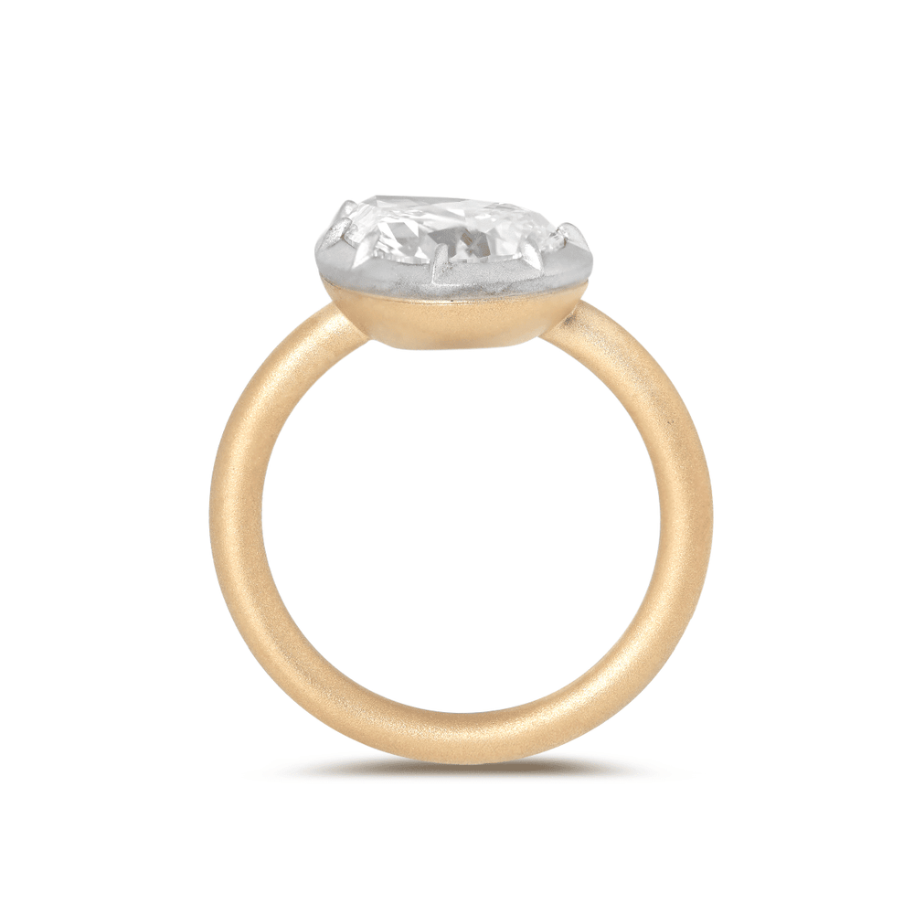14K Yellow Gold 3ct Pear Shaped Lab Diamond Matte Ring with White Gold Bezel - FIORESE JEWELRY