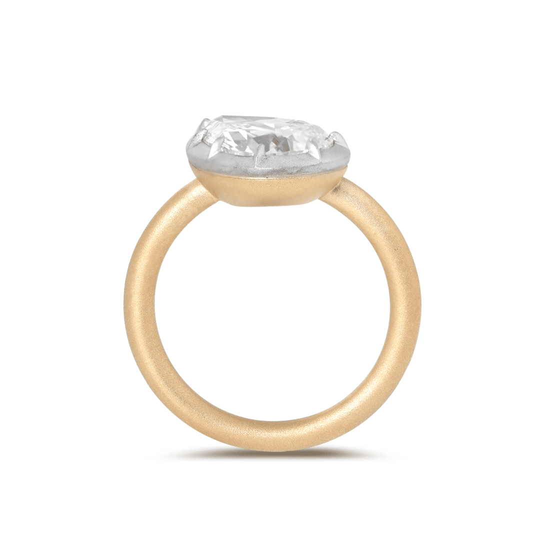14K Yellow Gold 3ct Pear Shaped Lab Diamond Matte Ring with White Gold Bezel - FIORESE JEWELRY