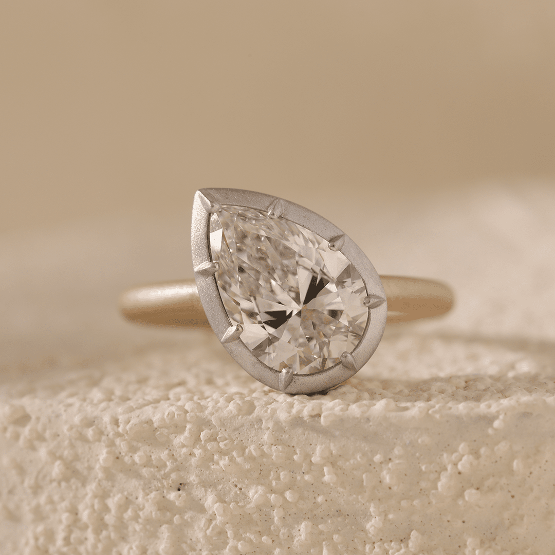 14K Yellow Gold 3ct Pear Shaped Lab Diamond Matte Ring with White Gold Bezel - FIORESE JEWELRY