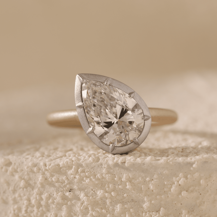 14K Yellow Gold 3ct Pear Shaped Lab Diamond Matte Ring with White Gold Bezel - FIORESE JEWELRY