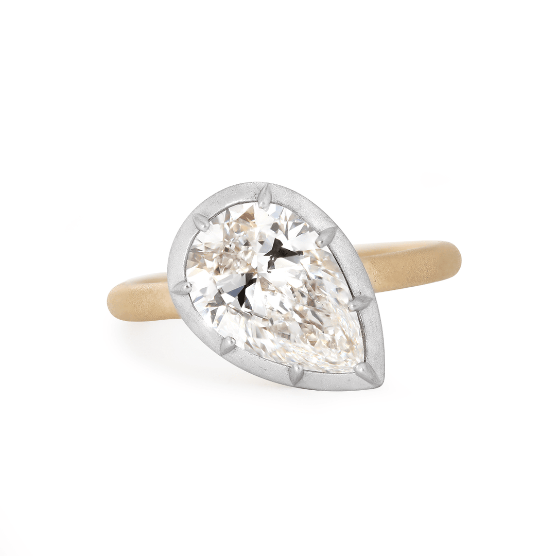 14K Yellow Gold 3ct Pear Shaped Lab Diamond Matte Ring with White Gold Bezel - FIORESE JEWELRY