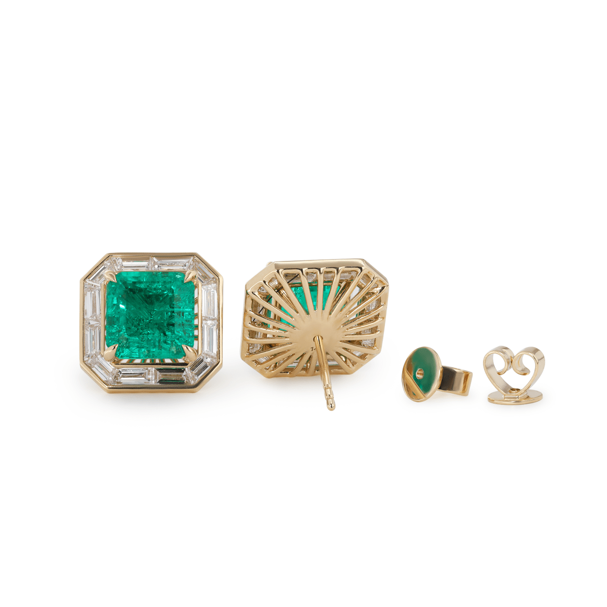 14K Yellow Gold 7 ct tw Asshcer Cut Colombian Lab Emerald Halo Stud Earrings