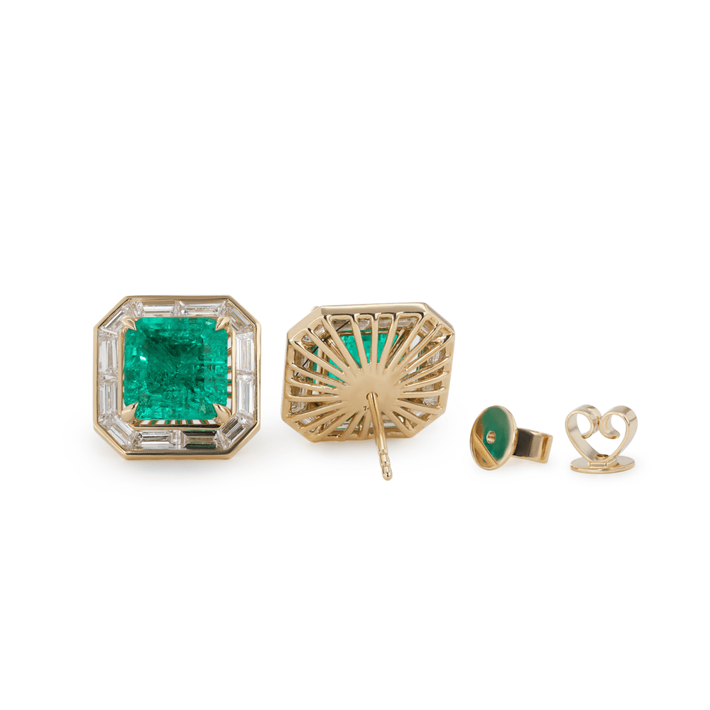 14K Yellow Gold 4.5 ct tw Asshcer Cut Colombian Lab Emerald Halo Stud Earrings - FIORESE JEWELRY