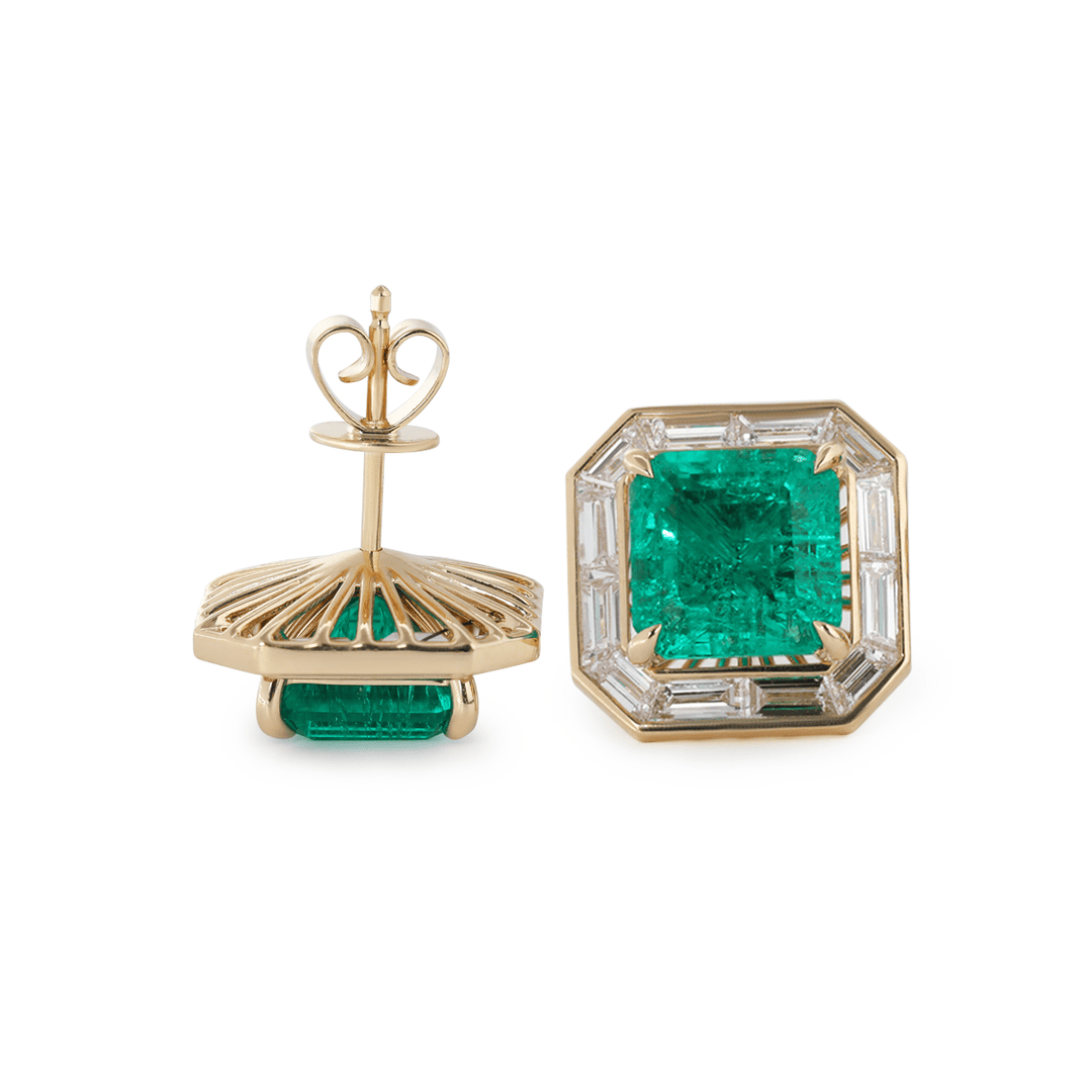 14K Yellow Gold 4.5 ct tw Asshcer Cut Colombian Lab Emerald Halo Stud Earrings - FIORESE JEWELRY
