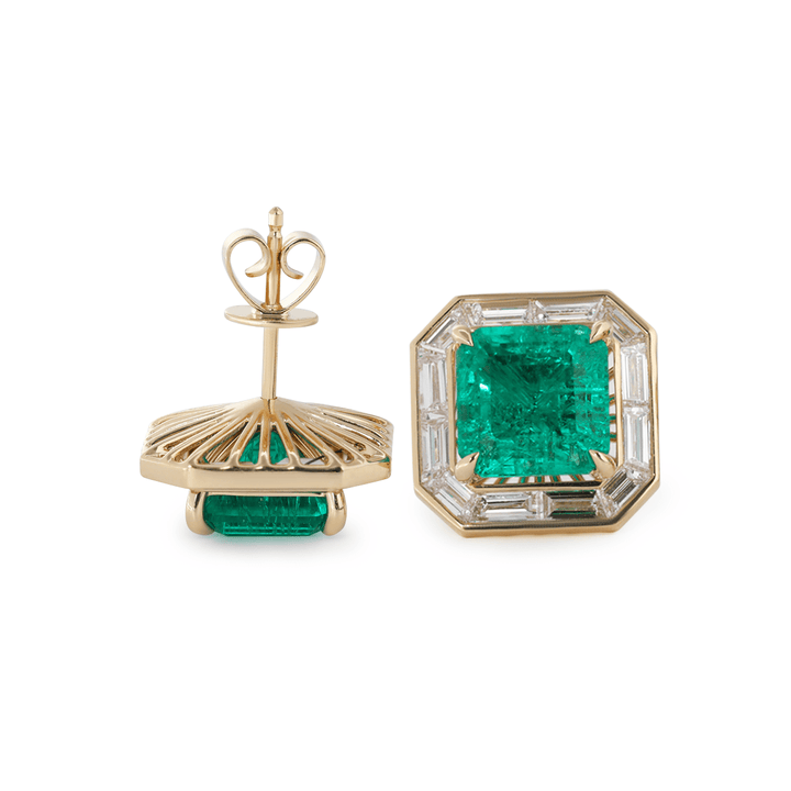 14K Yellow Gold 4.5 ct tw Asshcer Cut Colombian Lab Emerald Halo Stud Earrings - FIORESE JEWELRY