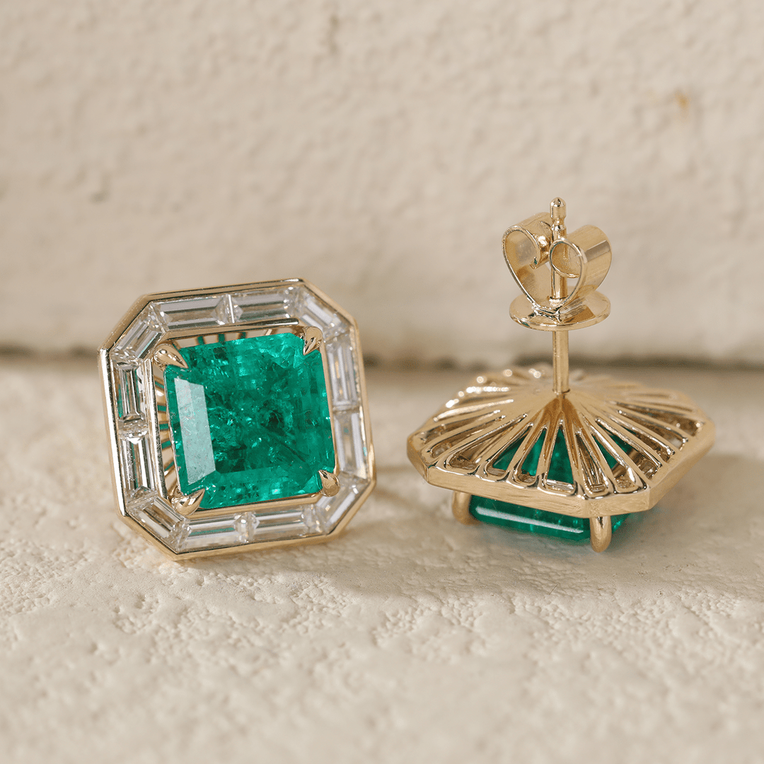14K Yellow Gold 4.5 ct tw Asshcer Cut Colombian Lab Emerald Halo Stud Earrings - FIORESE JEWELRY