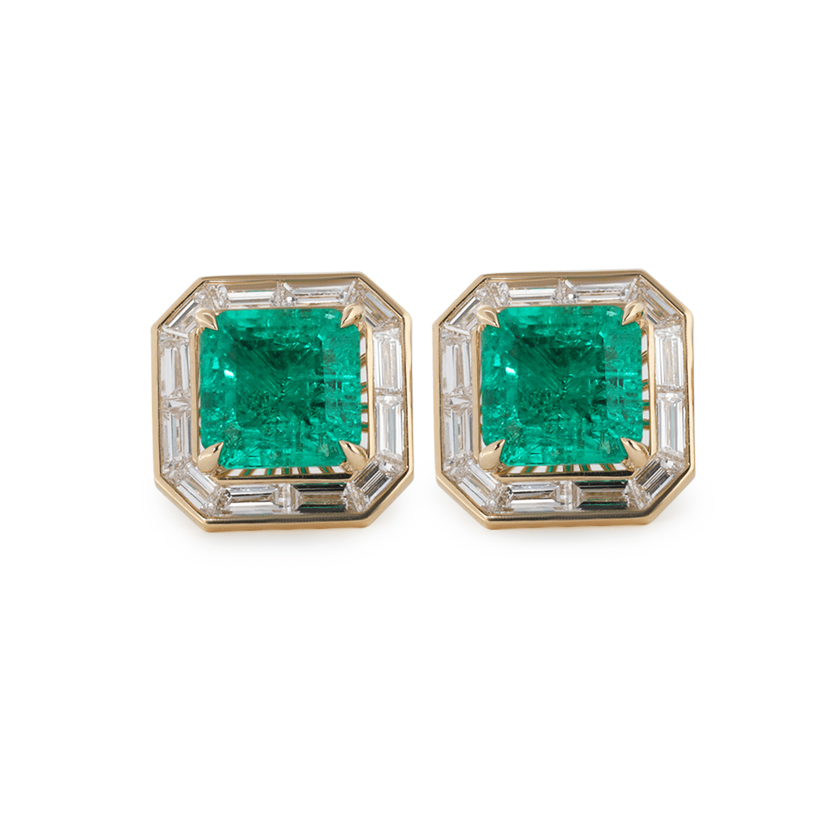 14K Yellow Gold 4.5 ct tw Asshcer Cut Colombian Lab Emerald Halo Stud Earrings - FIORESE JEWELRY