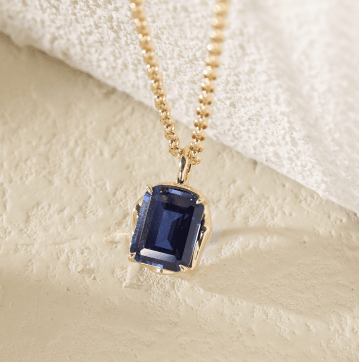 14K Yellow Gold 4.5ct Emerald Cut Lab Sappire Freeform Base Pendant Necklace - FIORESE JEWELRY