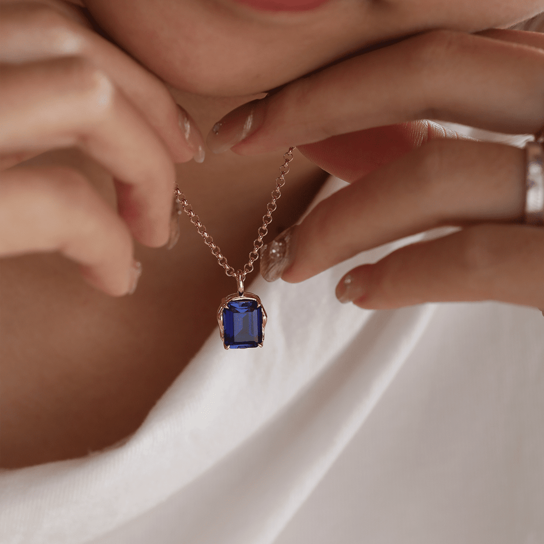 14K Yellow Gold 4.5ct Emerald Cut Lab Sappire Freeform Base Pendant Necklace - FIORESE JEWELRY