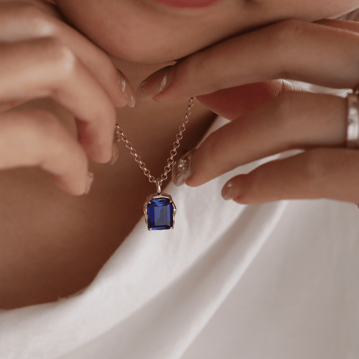 14K Yellow Gold 4.5ct Emerald Cut Lab Sappire Freeform Base Pendant Necklace - FIORESE JEWELRY