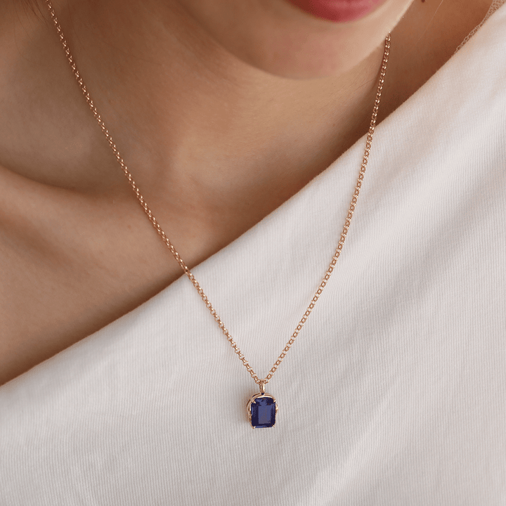 14K Yellow Gold 4.5ct Emerald Cut Lab Sappire Freeform Base Pendant Necklace - FIORESE JEWELRY