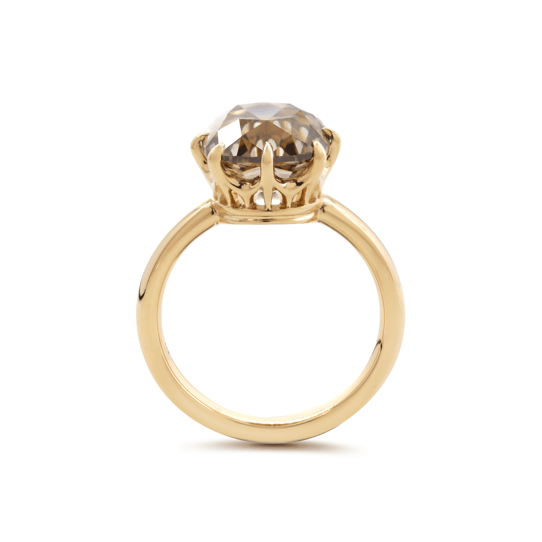 14K Yellow Gold 4.5ct Old Mine Cut Brown Lab Diamond 8 Claw Prongs Crown Setting Solitaire Ring - FIORESE JEWELRY