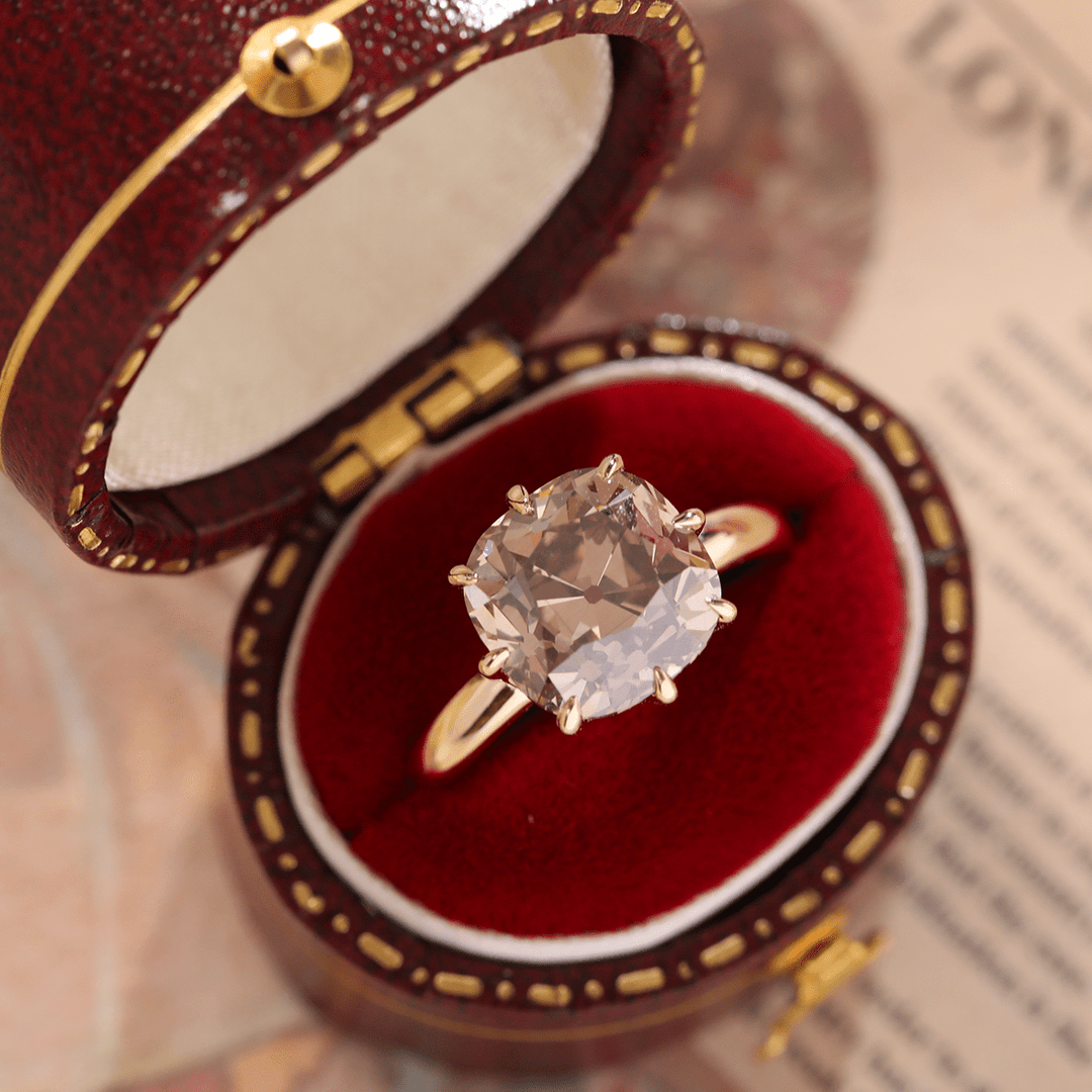 14K Yellow Gold 4.5ct Old Mine Cut Brown Lab Diamond 8 Claw Prongs Crown Setting Solitaire Ring - FIORESE JEWELRY