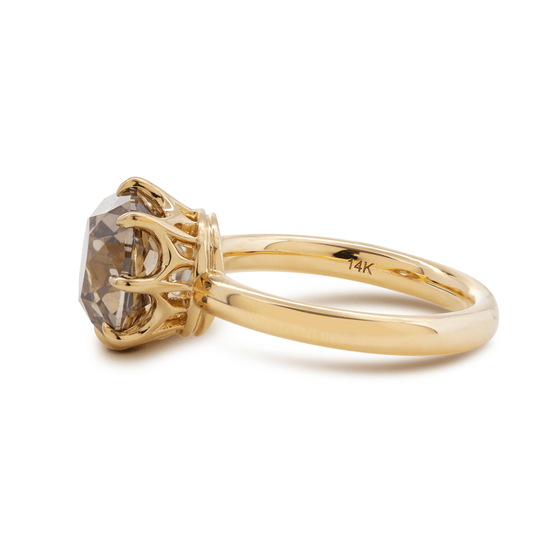 14K Yellow Gold 4.5ct Old Mine Cut Brown Lab Diamond 8 Claw Prongs Crown Setting Solitaire Ring - FIORESE JEWELRY