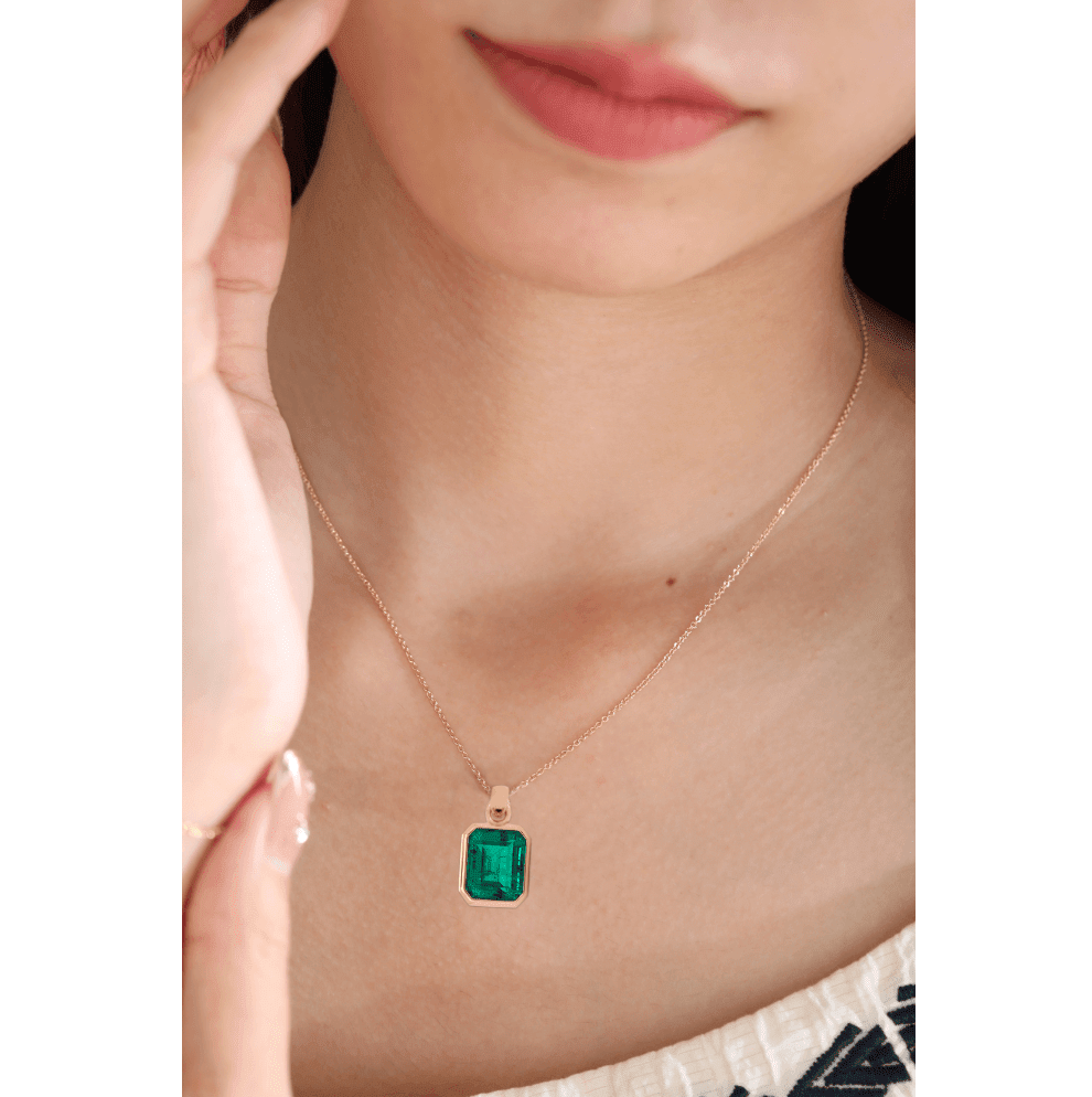 14K Yellow Gold 4ct Emerald Cut Lab Emerald Bezel Pendant Necklace - FIORESE JEWELRY