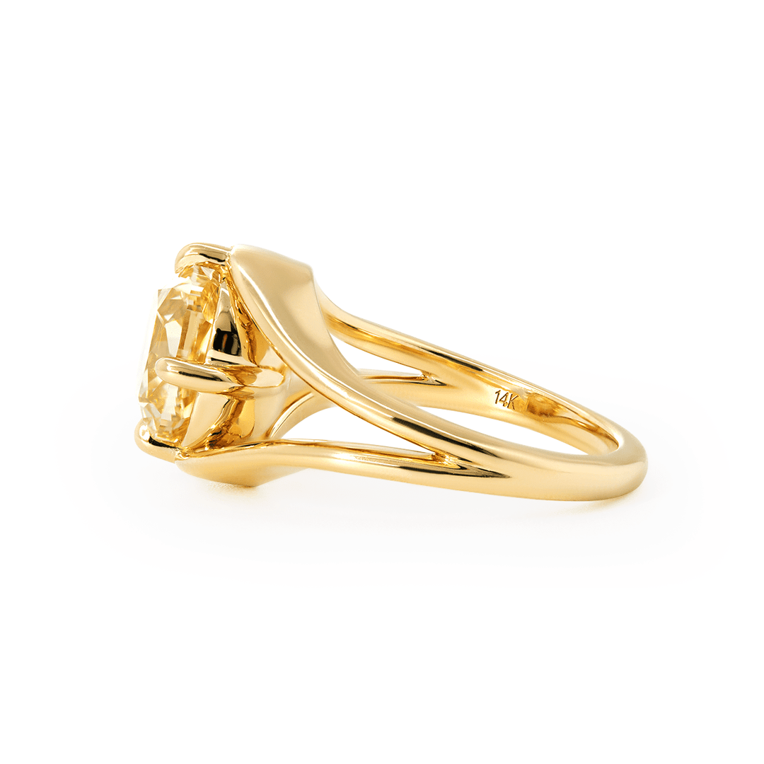 14K Yellow Gold 4ct Old Mine Cut Yellow Lab Diamond 4 Claw Prongs Solitaire Ring with Split Band Design - FIORESE JEWELRY