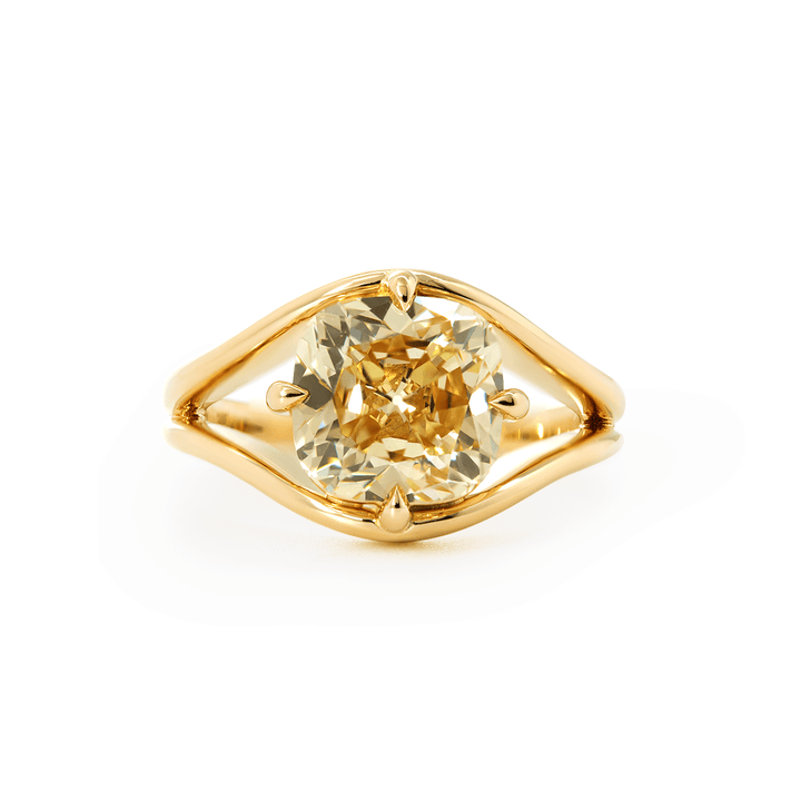 14K Yellow Gold 4ct Old Mine Cut Yellow Lab Diamond 4 Claw Prongs Solitaire Ring with Split Band Design - FIORESE JEWELRY