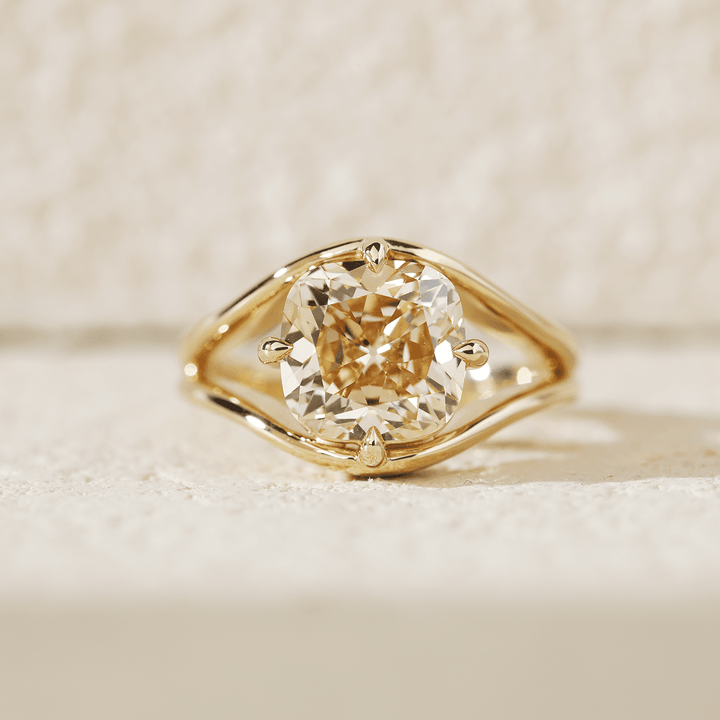 14K Yellow Gold 4ct Old Mine Cut Yellow Lab Diamond 4 Claw Prongs Solitaire Ring with Split Band Design - FIORESE JEWELRY