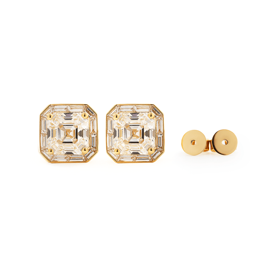 14K Yellow Gold 5 ct tw Asshcer Cut Lab Diamond Halo Stud Earrings - FIORESE JEWELRY