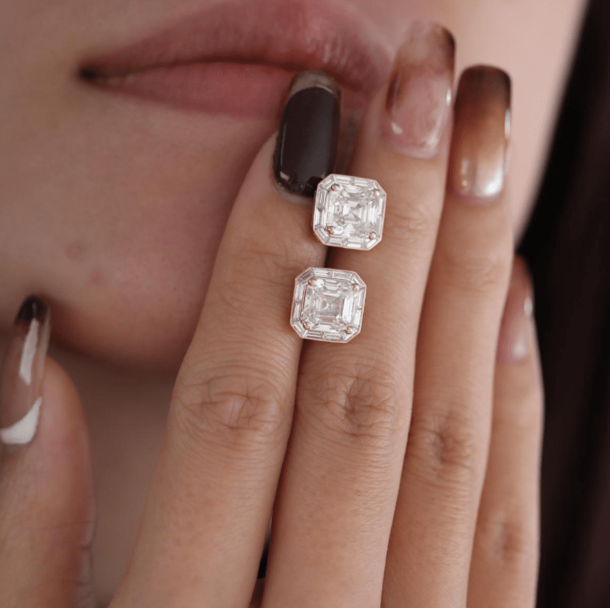 14K Yellow Gold 5 ct tw Asshcer Cut Lab Diamond Halo Stud Earrings - FIORESE JEWELRY