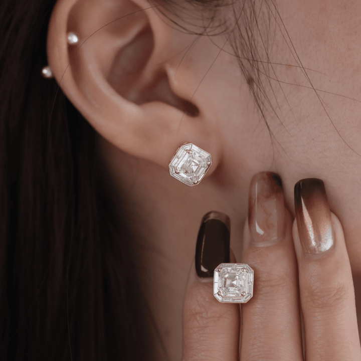 14K Yellow Gold 5 ct tw Asshcer Cut Lab Diamond Halo Stud Earrings - FIORESE JEWELRY