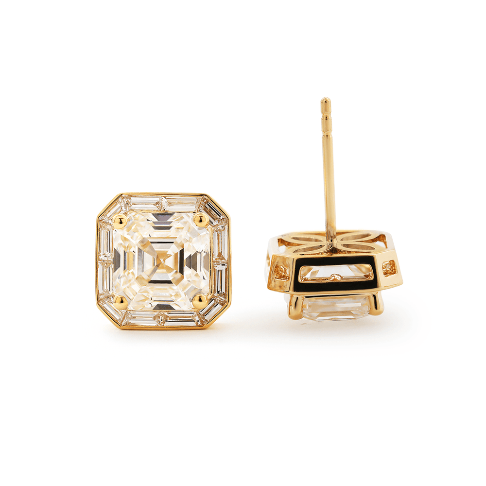 14K Yellow Gold 5 ct tw Asshcer Cut Lab Diamond Halo Stud Earrings - FIORESE JEWELRY