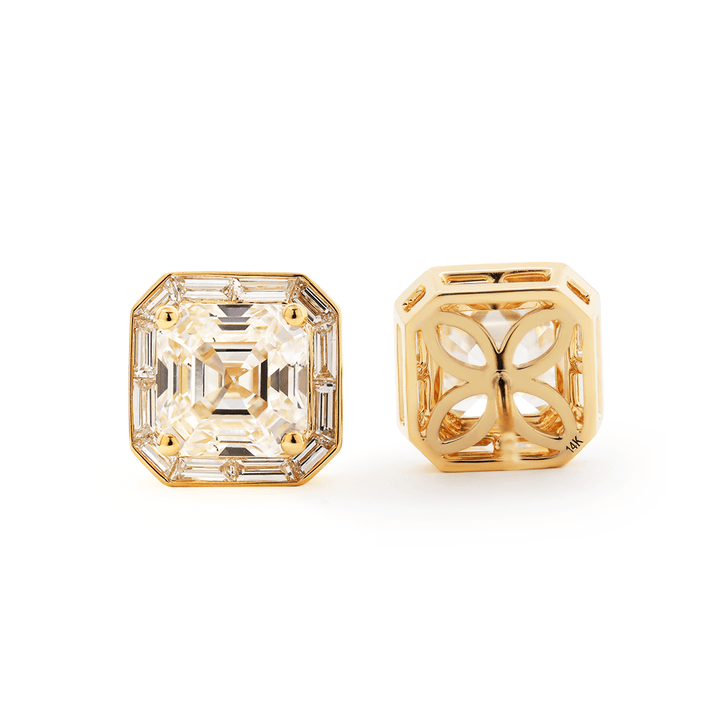 14K Yellow Gold 5 ct tw Asshcer Cut Lab Diamond Halo Stud Earrings - FIORESE JEWELRY