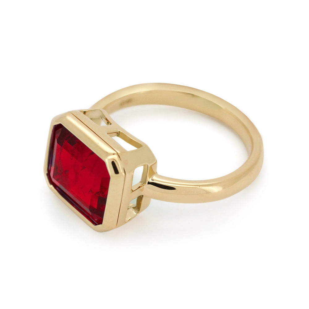 14K Yellow Gold 6 Carat Lab Ruby Solitaire Cocktail Ring with Bezel Setting - FIORESE JEWELRY