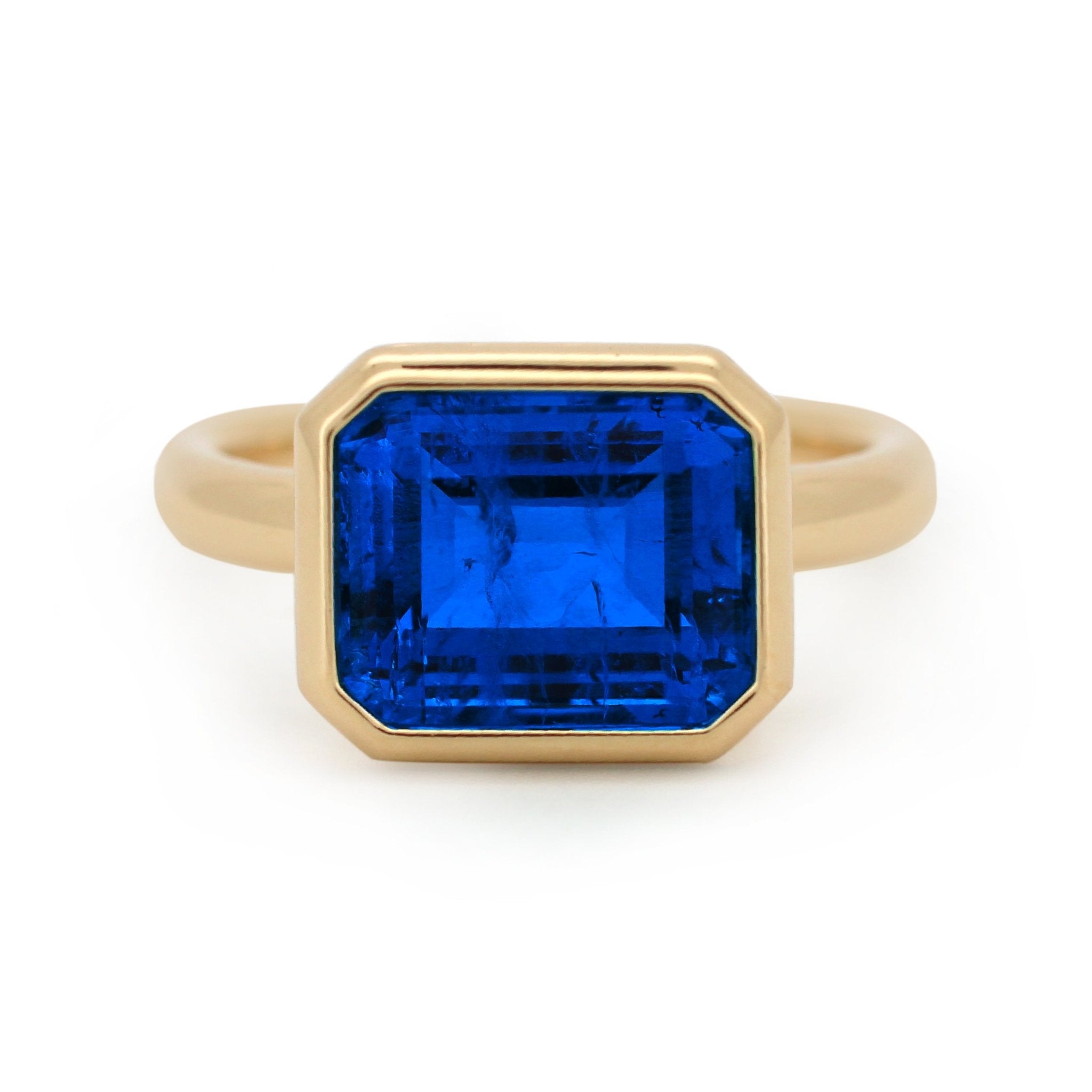 14K Yellow Gold 6 Carat Lab Sapphire Solitaire Cocktail Ring with Bezel Setting - FIORESE JEWELRY