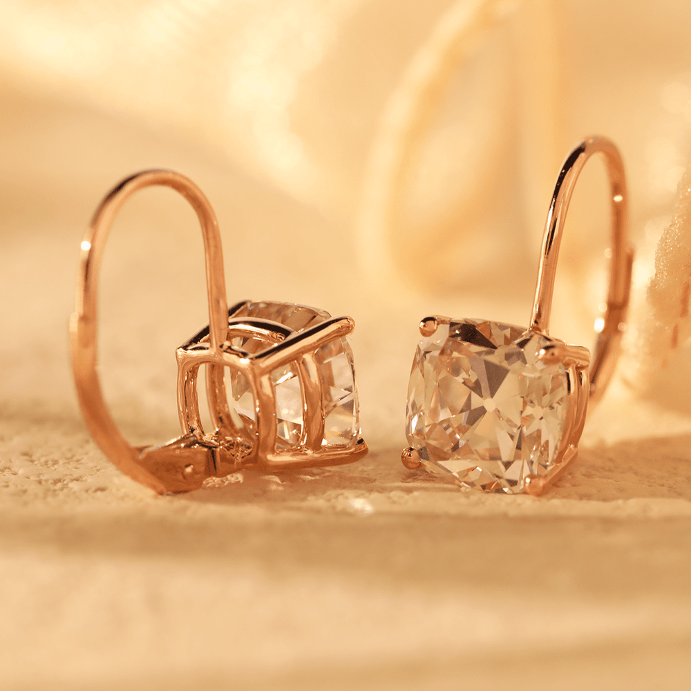 14K Yellow Gold 6 ct tw Old Mine Cut Lab Diamond 4 Round Prongs Basket Setting Hoop Earrings with Leverback - FIORESE JEWELRY
